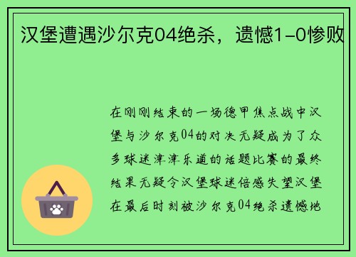 汉堡遭遇沙尔克04绝杀，遗憾1-0惨败